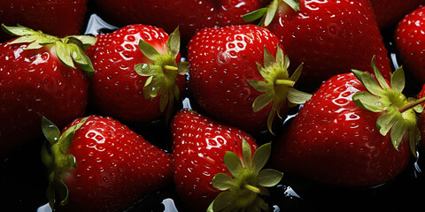 Fresh strawberries banner. Strawberry background. Close-up food photography - obrazy, fototapety, plakaty