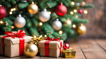 Fototapeta na wymiar A Festive Christmas Tree with Colorful Presents Underneath