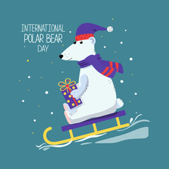 Cartoon polar bear with a gift in a box sits on a sled. Arctic animal. International Polar Bear Day, signed postcard. Hand lettering. Vector illustration with isolated background.