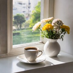 Cup of coffee on a white plate and a vase of flower beside a window in white interior with natural light