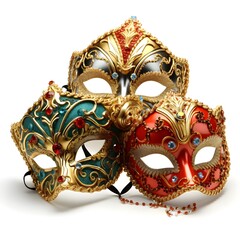 A Green and gold Venetian mask from seventeenth-century for a carnival party in Venice, isolated on transparent background, cutout and suitable for use in various visual contexts
