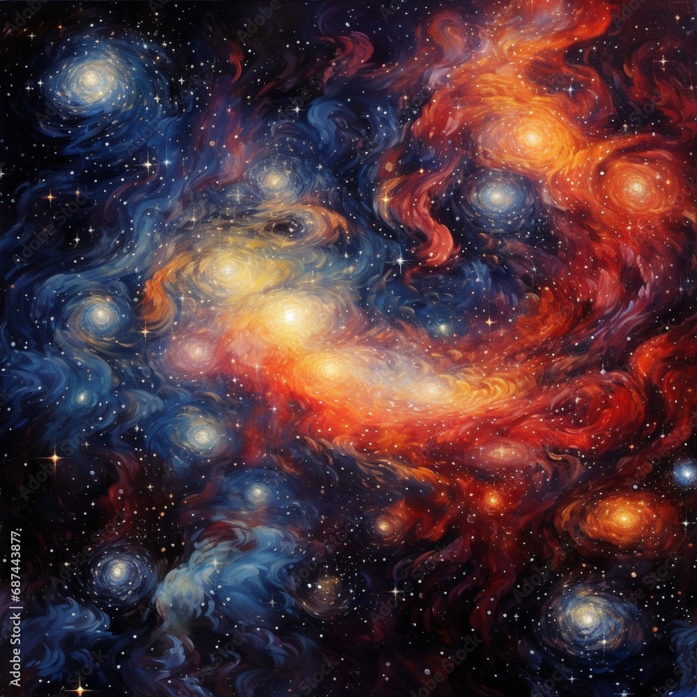 Sticker cubic galaxies swirling in a cosmic ballet, forming a mesmerizing display of celestial abstraction.