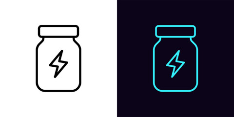 Outline energy supplement icon, with editable stroke. Bottle with lightning sign, sport nutrition. Energetic supplement for strength, speed and stamina. Sport medicine, bottle with pills. Vector icon - obrazy, fototapety, plakaty