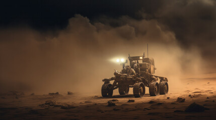 Fototapeta premium Lunar rover moves quickly, kicking up dust on the surface of the moon or another planet.