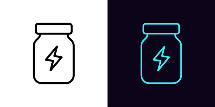 Outline energy supplement icon, with editable stroke. Bottle with lightning sign, sport nutrition. Energetic supplement for strength, speed and stamina. Sport medicine, bottle with pills. Vector icon