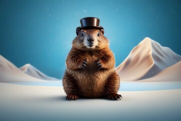 Happy Groundhog Day, February, 2. Fortune telling about the weather in spring. Cute groundhog.marmot in snow.ground hog marmot day portrait,Groundhog in snow - obrazy, fototapety, plakaty