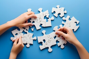 hands holding puzzle.hands holding jigsaw puzzle.hands holding puzzle pieces.Connecting puzzle piece.People holds in hand a jigsaw puzzle. Business solutions, success and strategy. - obrazy, fototapety, plakaty