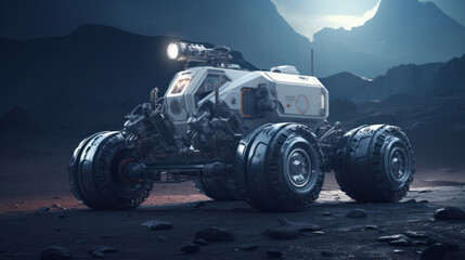 Lunar rover on the surface of the moon against the background of brightly lit earth - obrazy, fototapety, plakaty