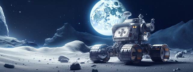 Lunar rover on the surface of the moon against the background of brightly lit earth