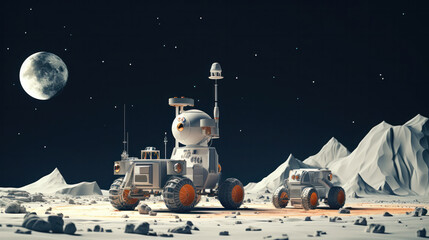 Lunar rover on the surface of the moon against the background of brightly lit earth