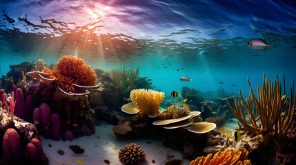 coral reef ecosystem at sunset