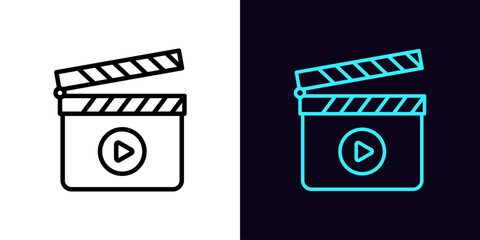 Outline clapperboard icon, with editable stroke. Clapper board with play sign. Cinema editor, video production, movie shooting, music clip recording. Filmmaking studio, multimedia editor. Vector icon