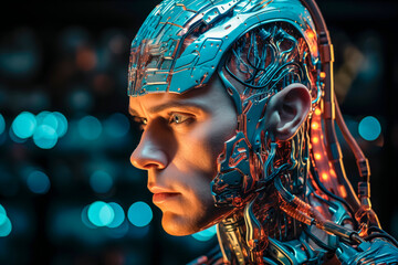 Humanoide, medio humano-robot capacitado con AI, implante robótico en la cabeza conectado con el cerebro para dotar de inteligencia artificial - obrazy, fototapety, plakaty
