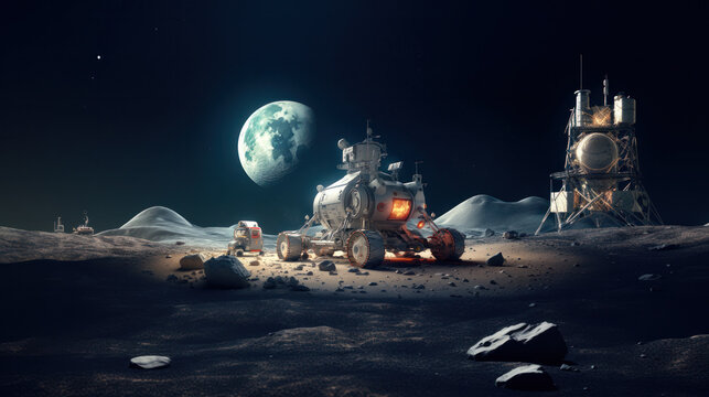 Lunar rover on the surface of the moon against the background of brightly lit earth