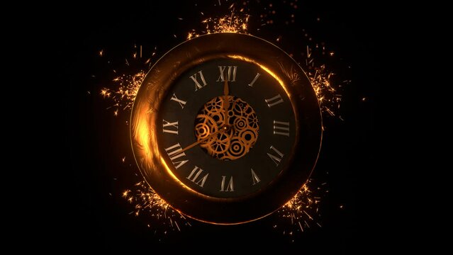 Vintage clock shows endless Christmas or New Year midnight with bengal lights and fireworks on black background 3D 4K animation. Celebrating winter holidays.