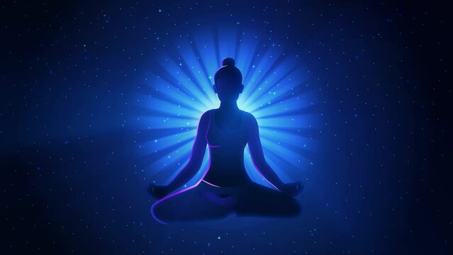 Silhouette motion graphic of a woman figure meditating on space, enlightenment, manifesting positive thoughts