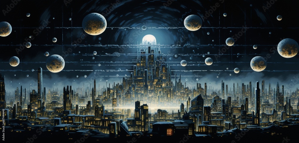 Wall mural a surreal city skyline of floating islands, adorned with intricate patterns of illuminated circuits,