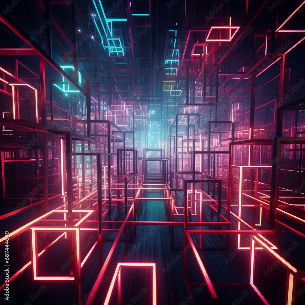 Wall mural a neon labyrinth of interconnected pathways, where beams of light guide the way through a virtual ma