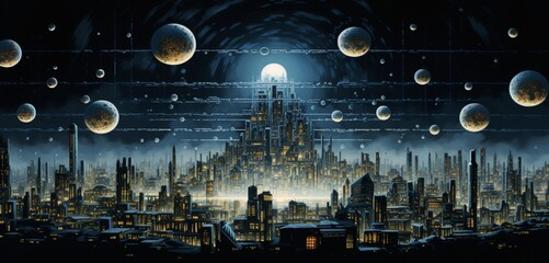 A surreal city skyline of floating islands, adorned with intricate patterns of illuminated circuits, capturing the essence of cybernetic beauty.