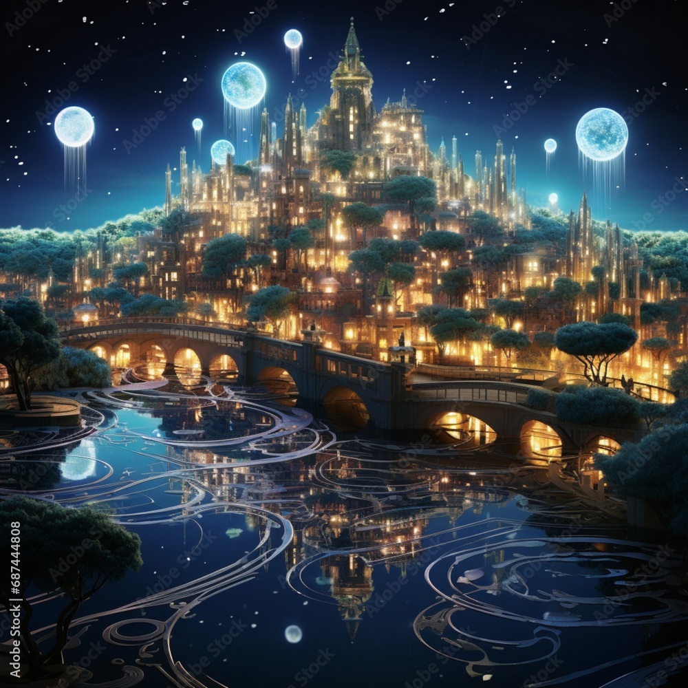 Wall mural a surreal city skyline of floating islands, adorned with intricate patterns of illuminated circuits.