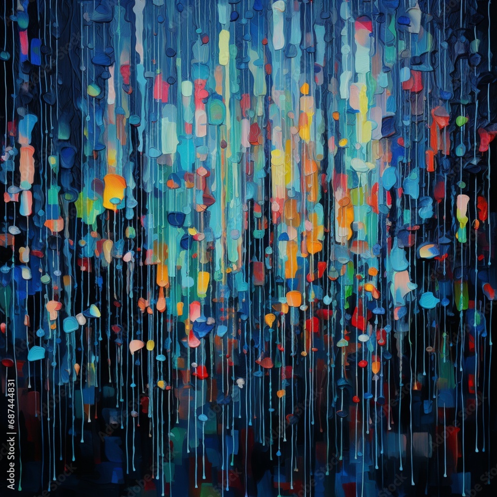 Sticker pixelated raindrops falling through a virtual storm, creating a symphony of abstract motion and colo