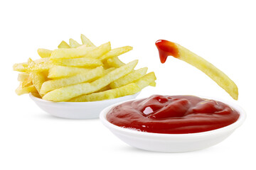 French fries and ketchup in ceramic bowls isolated on white background