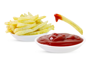 French fries and ketchup in ceramic bowls isolated on white background
