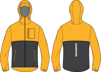 Cagoule Anorak Hoodie jacket design flat sketch Illustration, Hiking Hooded utility jacket with front and back view, winter jacket for Men and women. for running, outerwear and workout in winter © JERZEY DESINZ