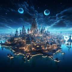 A surreal city skyline of floating islands, adorned with intricate patterns of illuminated circuits.