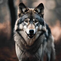 AI generated illustration of a majestic wolf walking through a lush forest setting