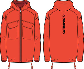 Trail running Windcheater Hoodie jacket design flat sketch Illustration, Hooded windbreaker jacket with front and back view, winter jacket for Men and women. for hiker, outerwear in winter © JERZEY DESINZ