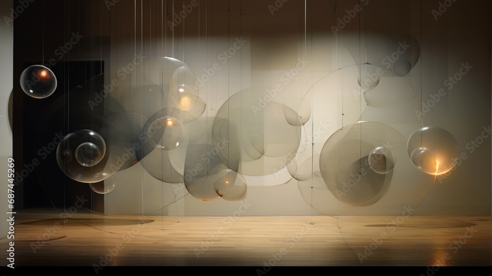Wall mural translucent orbs of light floating in an abstract void, casting shadows that tell a story of ephemer