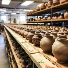 Rows of Handcrafted Pottery Pieces Gently Moving on Conveyor