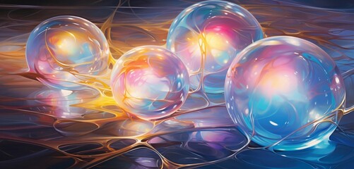 Translucent spheres of light merging and splitting, casting intricate shadows on a virtual canvas of vibrant abstraction.