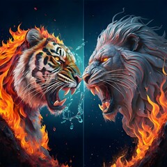 Tiger made from fire vs A lion made from water, Redy to fight, dramatic, Super detailing, conceptual art, vibrant, 3d render, painting