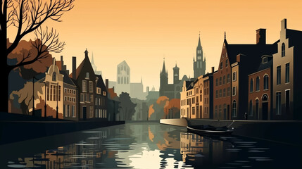 copy space, simple vector illustration, typical view of the canals in Bruges, Belgium. hand drawn, view of the typical canals in the city centre of Bruges, Belgium. Famous touristic spot. Must-see tou