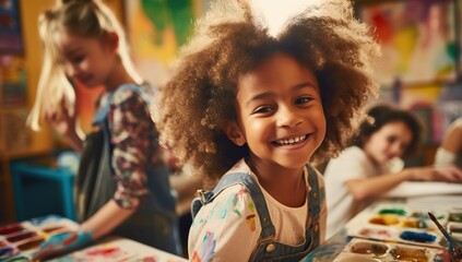 A young Black girl with voluminous hair smiles while painting among other children in a brightly...