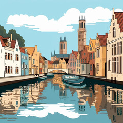Fototapeta premium copy space, simple vector illustration, typical view of the canals in Bruges, Belgium. hand drawn, view of the typical canals in the city centre of Bruges, Belgium. Famous touristic spot. Must-see tou