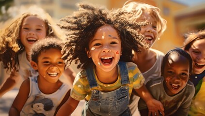 A group of cheerful children of various nationalities playing outdoors