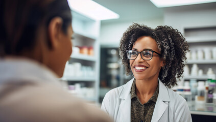 A young black woman in glasses and a lab coat smiles while interacting with a client in a pharmacy. - obrazy, fototapety, plakaty