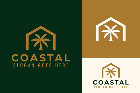 Simple House Home and Palm Tree Beach Coastal Real Estate Agency Logo Design Branding Template