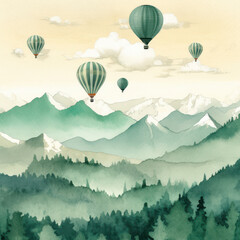 Fototapeta na wymiar Emerald Green Balloons Drifting Over Serene Mountain