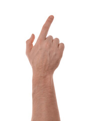 Obraz premium Man pointing with index finger on white background, closeup