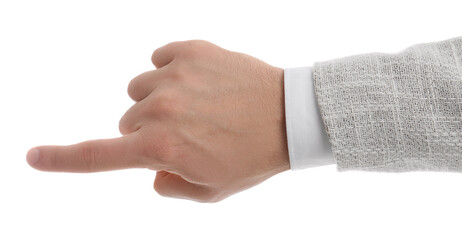 Man pointing with index finger on white background, closeup