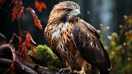 Naklejka premium A red-tailed hawk perched on a branch clutching