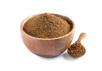 Bowl and spoon of aromatic caraway (Persian cumin) powder isolated on white