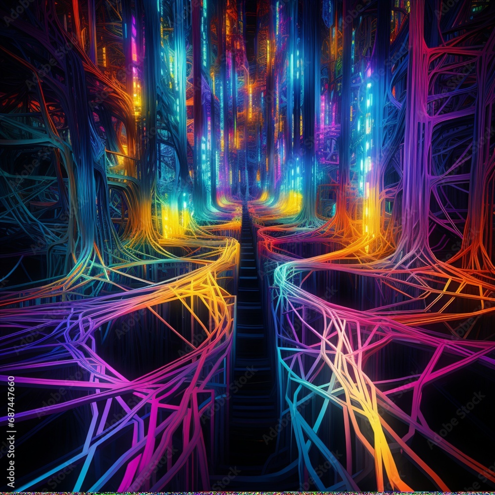 Wall mural a surreal symphony of neon lines converging and diverging, creating an intricate web of luminous pat