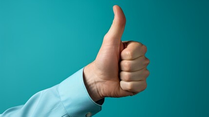 A person making a thumbs-up gesture against a blue