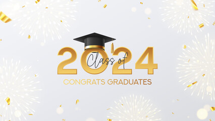 Vector illustration for class of 2024. Golden symbol for Class of 2024 with graduation cap. Greeting of graduates 2024. Congratulation banner with golden confetti and sparkling fireworks.