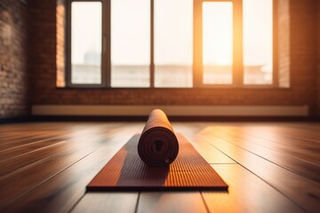inviting zen interior with a yoga mat on a wooden floor near large windows